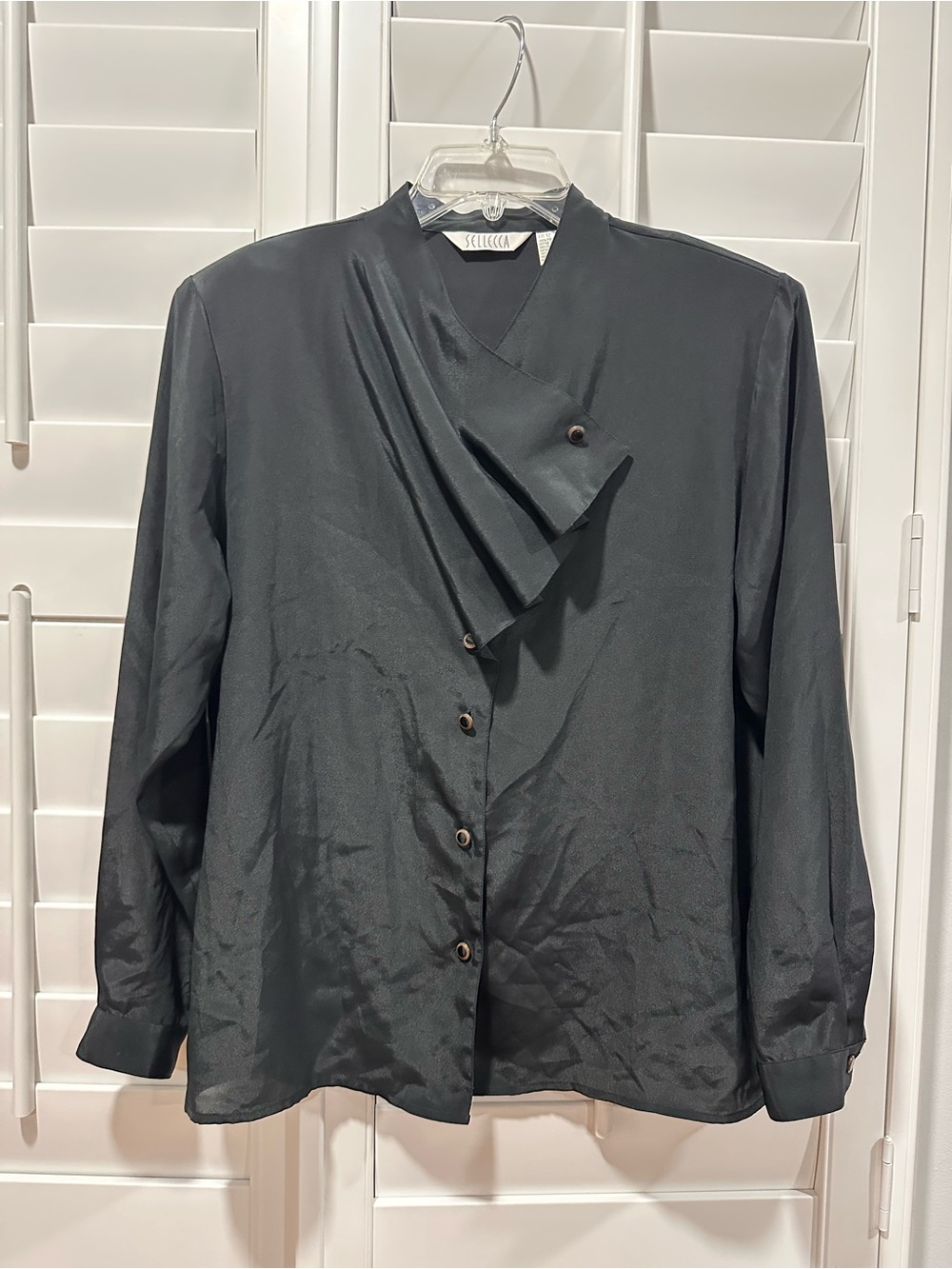 Vintage Black Satin Wrap Blouse Size 12 Asymmetrical Ruffle Button Front Top